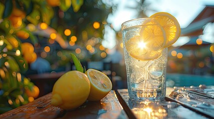 Wall Mural - ** Refreshing Lemonade on Wooden Table in Sunlight with Bokeh Background, Summertime