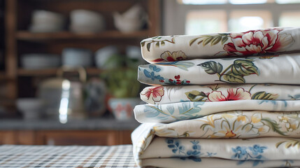 Wall Mural - A stack of vintage-inspired tea towels with charming floral patterns, adding a touch of nostalgia to the kitchen