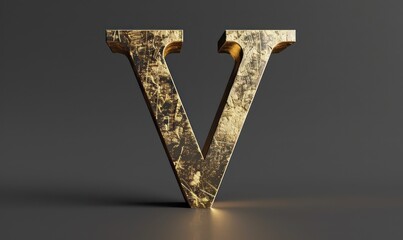 Poster - v capital futuristic 3d rendering letter raw cast in gold metal on a black  flat background