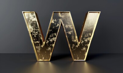 Poster - w capital futuristic 3d rendering letter raw cast in gold metal on a black  flat background