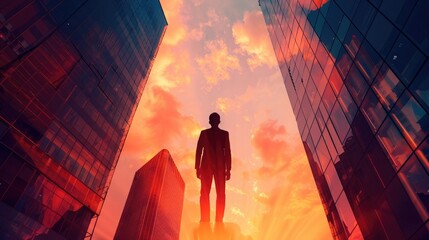 Silhouette of a businessman standing in the city at sunset, looking up to the sky and thinking about future business success.