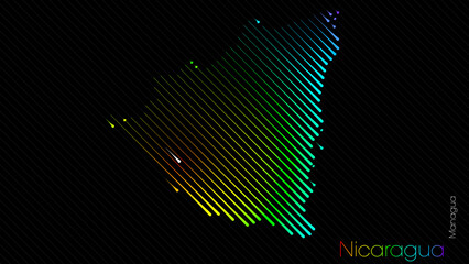 Wall Mural - A map of Nicaragua is presented in the form of colorful diagonal lines against a dark background. The country's borders are depicted in the shape of a rainbow-colored diagram.