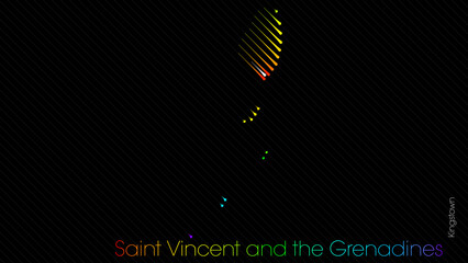Wall Mural - A map of Saint Vincent and the Grenadines is presented in the form of colorful diagonal lines against a dark background. The country's borders are depicted in the shape of a rainbow-colored diagram.