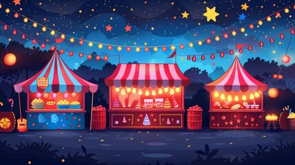 Wall Mural - Colorful vector illustration of an Independence Day street fair, featuring booths with food, games, and crafts, and a backdrop of festive decorations and lights Generative AI