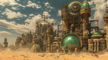 Wall Mural - Venture into a world of steampunk adventure with a mesmerizing map unveiling the intricate landscapes and fantastical machinery of a desert realm, 