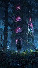 Wall Mural - a person walking by a tall tower in the night surrounded by trees