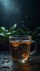 Poster - a glass cup of tea on a table next to leaves