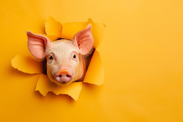 A pig is peeking out of a hole in a yellow background