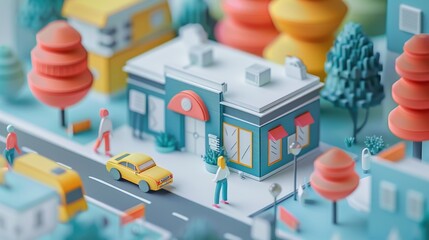 A charming miniature scene of a small town street made out of colorful paper cutouts. The scene features a yellow car driving down the road, a person walking on the sidewalk