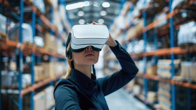 Exploring future virtual reality technology for innovative VR warehouse management, embracing the concept of smart technology for the industrial revolution and automated logistic control.