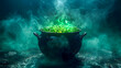 © Akash Tholiya - Cauldron with green glowing potion isolated on a dark  foggy background