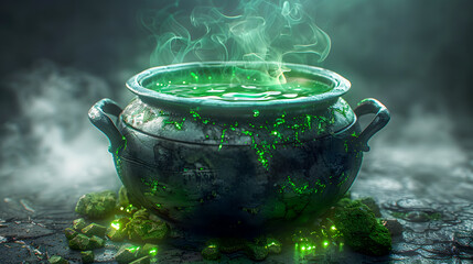 Cauldron with green glowing potion isolated on a dark  foggy background