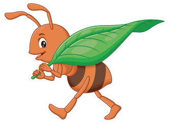 Wall Mural - Cute Ant Carrying a Green Leaves. Animal Nature Icon Concept Isolated Premium Vector. Vector Illustration