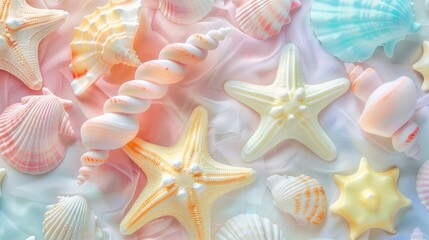 Abstract background of pastel colored starfish and seashells. Beautiful background 