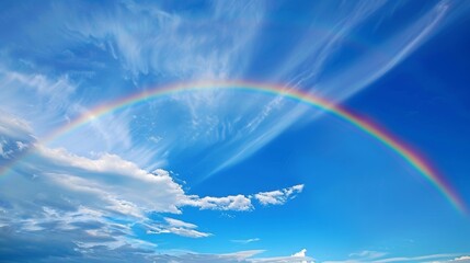 a vivid rainbow arcs over the lenticular clouds creating a breathtaking contrast against the deep bl