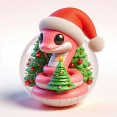 Wall Mural - Animated character 3D image of cute, kind, little pink snake in a hat with a decorated christmas tree. composition in a ball