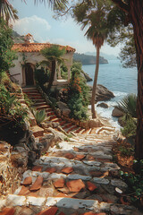 Wall Mural - Stairway leads to oceanview house surrounded by trees and natural landscape