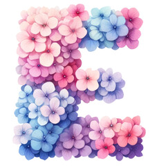 watercolor hydrangea flower Letter E  clipart isolated on the white background
