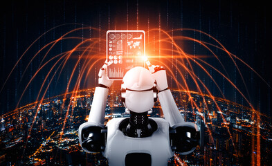 Wall Mural - mlb 3d illustration robot humanoid using tablet computer for global network connection using ai thin