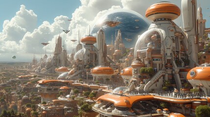 Wall Mural - a futuristic colony on Mars, a big city build in Arcology style, Busy traffic of futuristic ground and aircraft vehicles between the tall buildings,