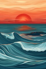 Wall Mural - Landscape illustrations of sea waves, sun and mountains. Creative simple modern line art prints.