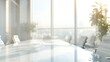 © Khalif - White office chairs and tables in a modern conference room interior with a panoramic window, blurred background. A business meeting concept. A realistic photo