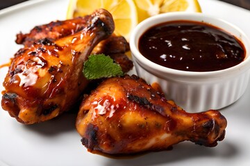Wall Mural - grilled roasted chicken legs served with barbecue sauce and lemon on a white plate