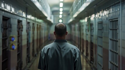  Solitary prisoner contemplates in a stark prison