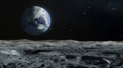 earths distant view from the rocky surface of the moon in space.