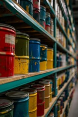 Wall Mural - Rows of paint cans on industrial shelves in a storage facility