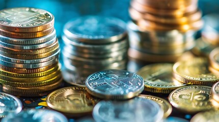 Aufkleber - closeup of the coins stack for a financial business presentation background home loan money saving stock and fund management retirement plan concept business growth profit selective fo : Generative AI