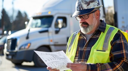 Wall Mural - A transportation supervisor coordinates with truck drivers charting out efficient routes for delivery.