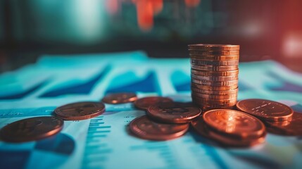 Poster - Money coin stack on office desk with graph and up arrow with blue filter Business and finance concept : Generative AI
