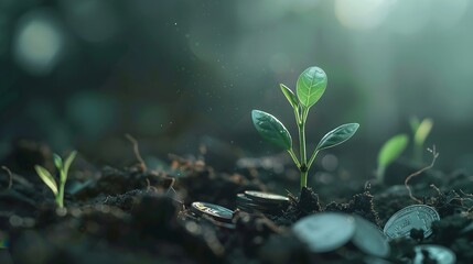 Poster - coins and money growing plant for finance and banking saving money or interest increasing concept : Generative AI
