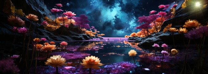 Wall Mural - A beautiful, colorful, and serene scene of a river with pink