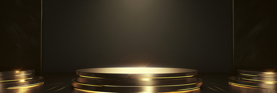 Golden Podium with Spotlight for Product Display with copy space text for social media