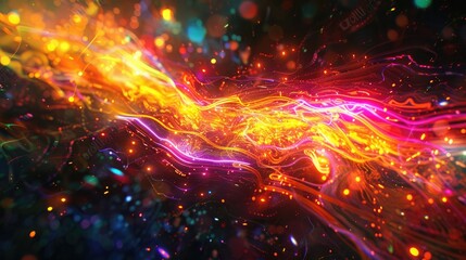 Wall Mural - A luminous burst of amber brilliance harmonizing with neon glows and various colors, crafting a mesmerizing interplay of light and shadow.