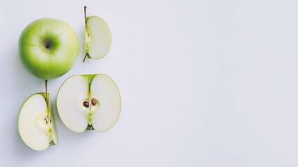 Poster - Flat lay of Fresh green Apple fruit with cut in half and slice isolated on white background : Generative AI