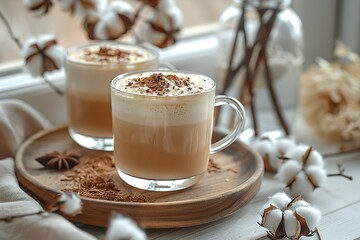 Two cups of coffee with whipped cream and a wooden tray with cotton balls