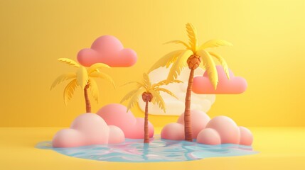 Wall Mural - 3D render of a simple tropical island with palm trees and sun
