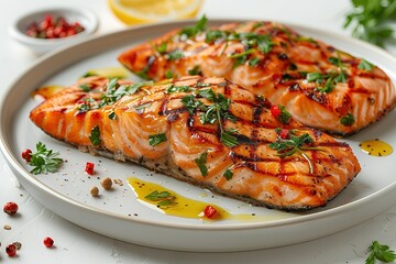 Wall Mural - Two pieces of salmon are grilled and served on a white plate