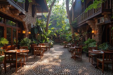 Wall Mural - A courtyard with tables and chairs, and a tree in the middle