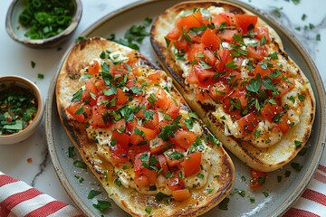Wall Mural - Two slices of bread with tomatoes and herbs on top