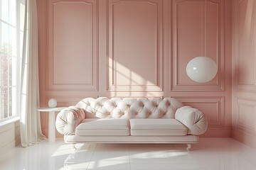 Wall Mural - A white couch sits in a room with pink walls and white trim