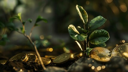 Poster - coins and money growing plant for finance and banking saving money or interest increasing concept : Generative AI