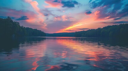 Wall Mural - A serene sunset over a calm lake, with vibrant colors reflecting off the water and creating a tranquil atmosphere.