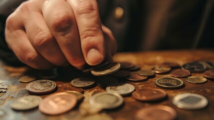 Poster - Man counts his coins on a table Personal finance finance management savings thrifty or avarice concept : Generative AI