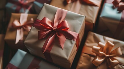 A stack of gift boxes in various sizes, adorned with ribbons and bows, awaiting joyful recipients.