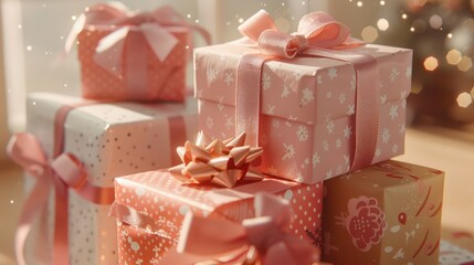 Wall Mural - A stack of gift boxes in various sizes, adorned with ribbons and bows, awaiting joyful recipients.