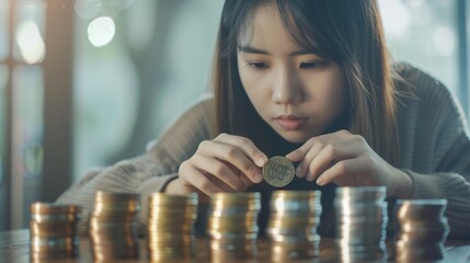 Poster - Young Asian woman making stack of coin invest save finance concept saving money investment : Generative AI